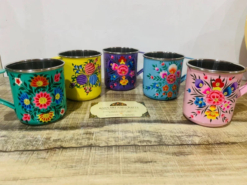 Tea Cup Set of Four, Hand Painted Stainless Steel Mugs, Mughal Art Painting  Coffee Tumbler, Gift for Tea Lovers, Metal Coffee Mugs 