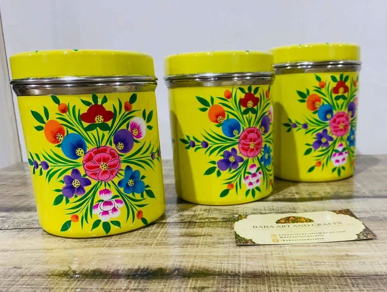 Steel Canister Sets, Canister sets, hand painted canister set, food storage box,stainless steel food storage box,floral kashmiri design