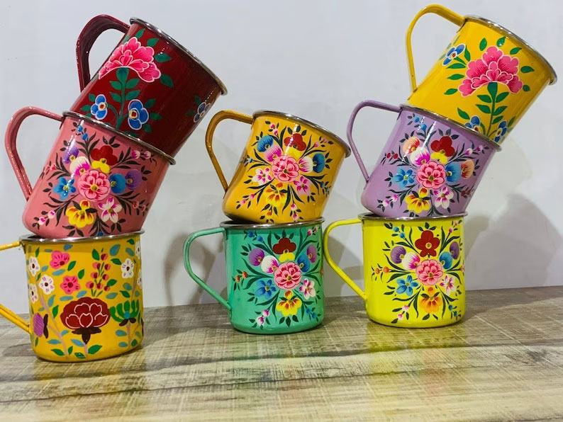 Stainless steel mugs,Enamelware mug,set of 4,hand painted steel mugs ,steel mugs floral paint,hand painted coffee mugs ,Enamel Ware utensils