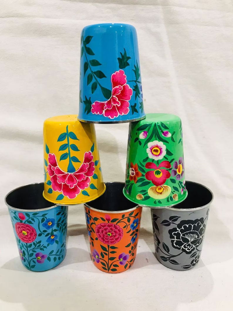 Hand painted tumblers, Set of 6 , Enamelware glass, hand painted steel glass, hand painted enamelware from Kashmir, hand painted metal cups ,steel cups