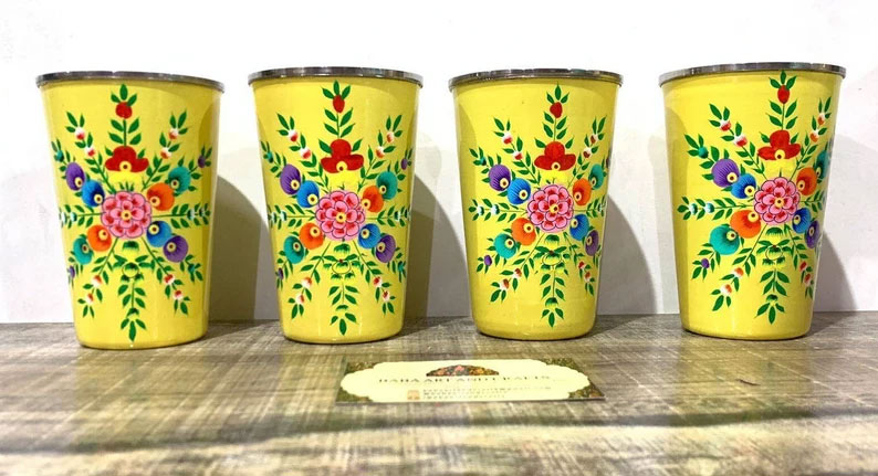 Set of 4 Stainless Steel tumblers ,hand painted glass with lead free colors by Kashmiri artist , Hand painted enamelware tumblers handcrafted