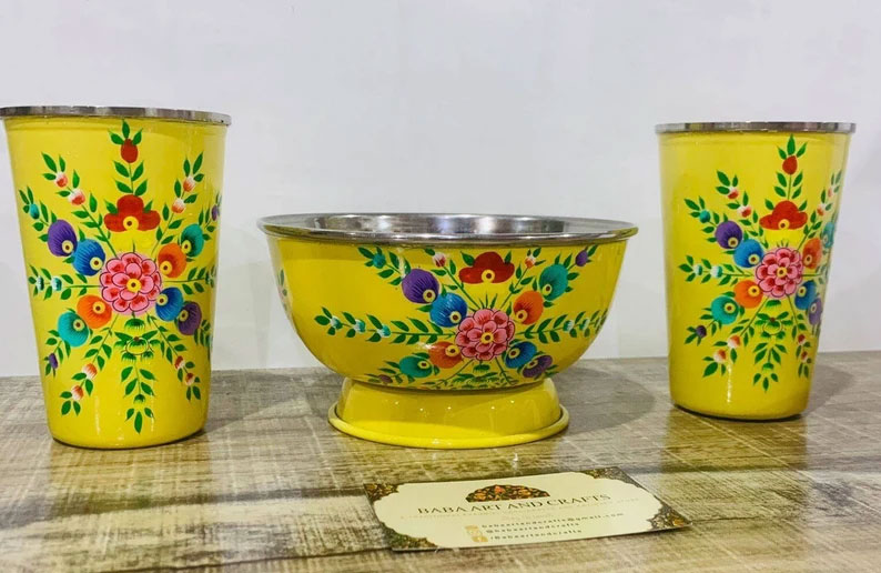 Stainless steel bowl, steel fruit bowl, hand painted bowl, hand painted tumbler, enamelware tumblers, hand painted glass,kashmiri enamelware