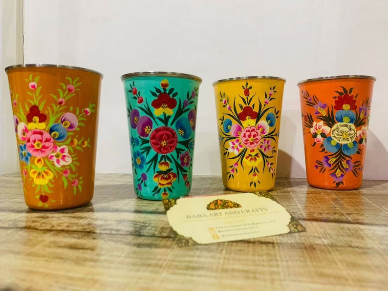 Stainless Steel Cups bhanga / Enamel-coated and Hand-decorated