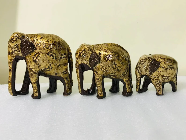 Handmade Elephant Family Set , Wooden Elephant set , hand painted paper mache sculpture from Kashmir