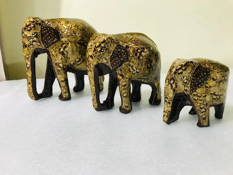 Handmade Elephant Family Set , Wooden Elephant set , hand painted paper mache sculpture from Kashmir