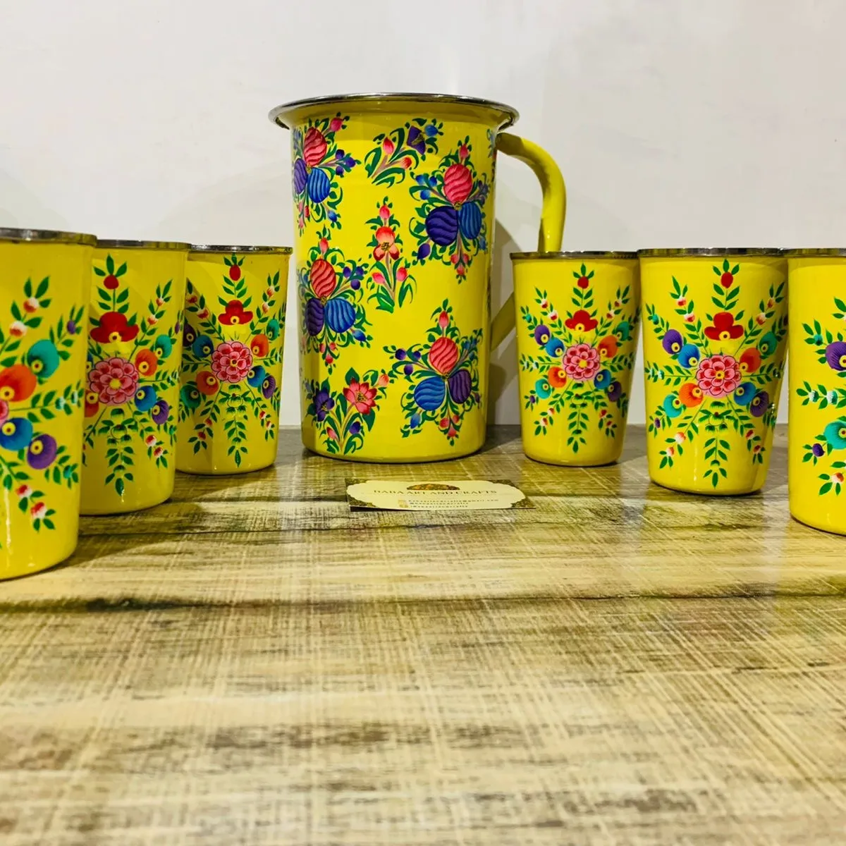 Hand painted jug set, Enamel Ware utensils,Enamelware jug set with 6 hand painted steel glass , kashmiri enamelware, stainless steel glasses