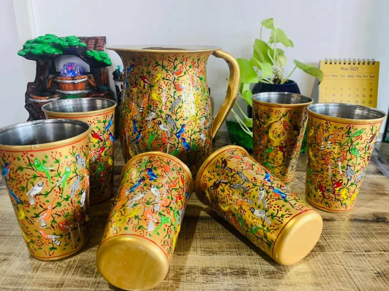 Hand painted jug set, Enamel Ware utensils,Enamelware jug set with 6 hand painted steel glass , kashmiri enamelware, hand painted tumbler