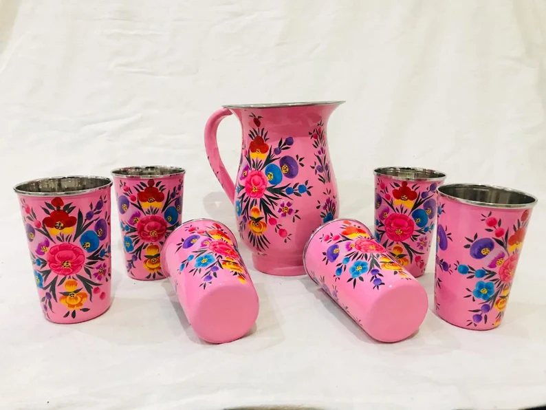 Enamel Ware utensils,enamelware jug,set of 6 enamelware glass with enamelware tumbler kashmiri enamelware,enamelware tumbler,hand painted