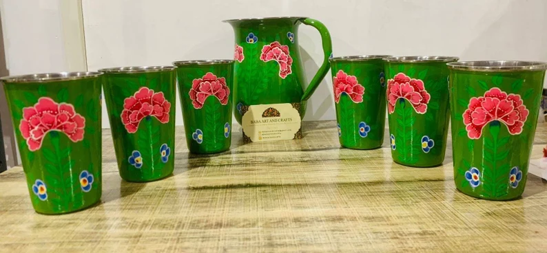 Enamel Ware utensils,enamelware jug,set of 6 enamelware glass with enamelware tumbler, kashmiri enamelware,enamelware tumbler,hand painted