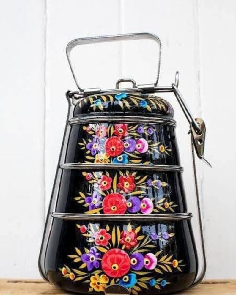 2 tier stainless steel lunch box, hand painted Enamelware lunch box, kashmiri handicrafts, Enamel ware kashmir India, enamelware tiffin box