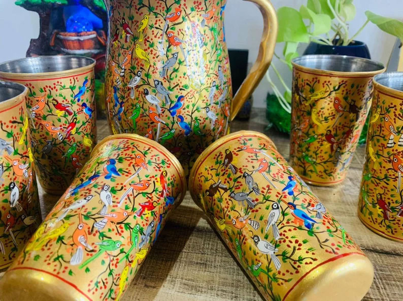 Hand painted jug set, Enamel Ware utensils,Enamelware jug set with 6 hand painted steel glass , kashmiri enamelware, hand painted tumbler