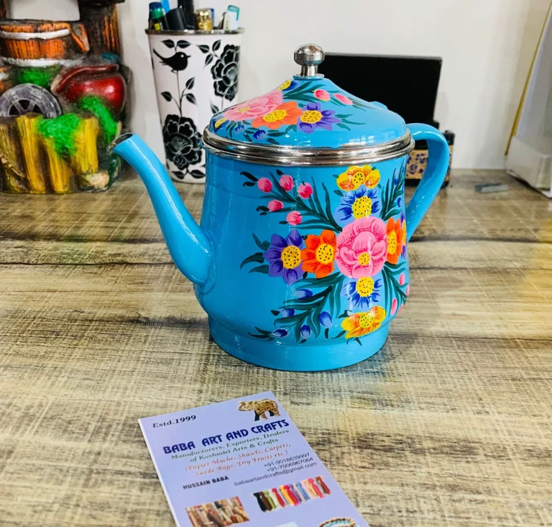 Hand painted teapot ,Indian kettle, stainless steel kettle,hand painted coffee pot,enamel ware utensils, Metal Tea pot, Handmade in Kashmir,
