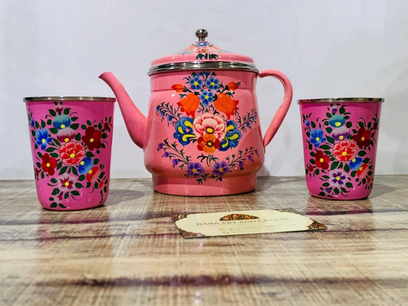 Hand Painted Tea Pot handcrafted with lead free colors by Kashmiri Artisians , Tea pot with hand painted tumblers , Indian Cutting chai set