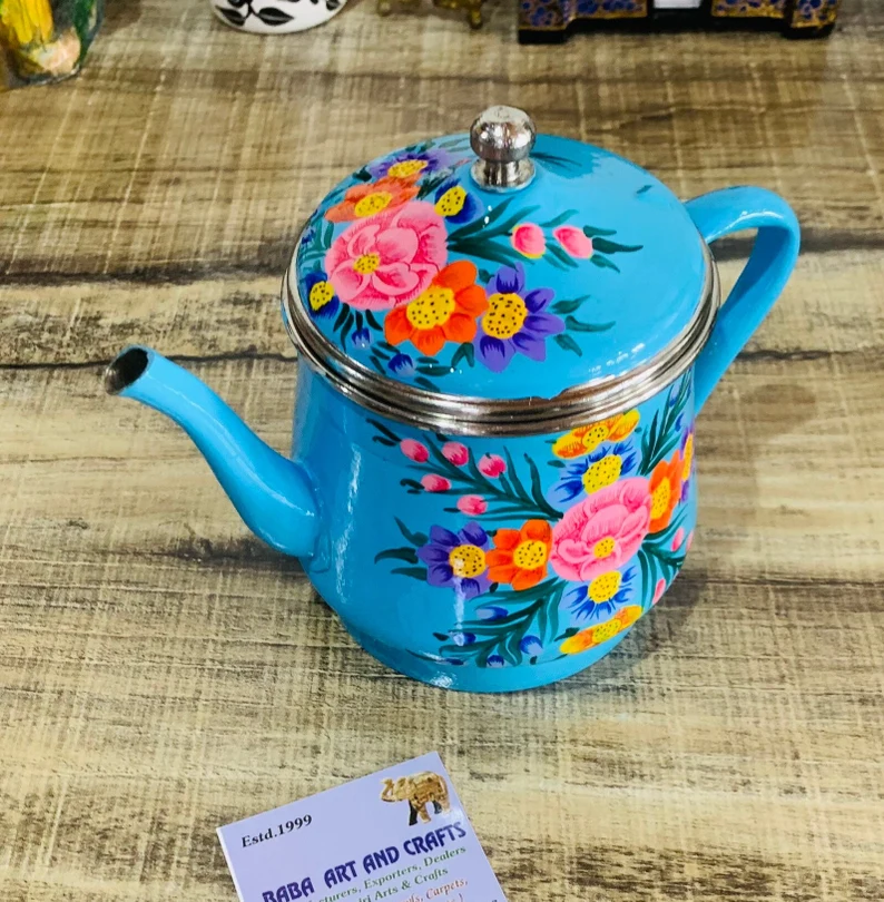 Hand painted teapot ,Indian kettle, stainless steel kettle,hand painted coffee pot,enamel ware utensils, Metal Tea pot, Handmade in Kashmir,