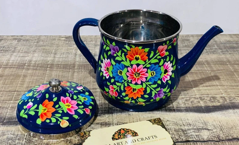Indian tea pot,hand painted kettle,stainless steel tea kettle,Hand painted Tea pot,Floral Design Tea Pot,Metal Tea pot,Hand Painted Tea Pot