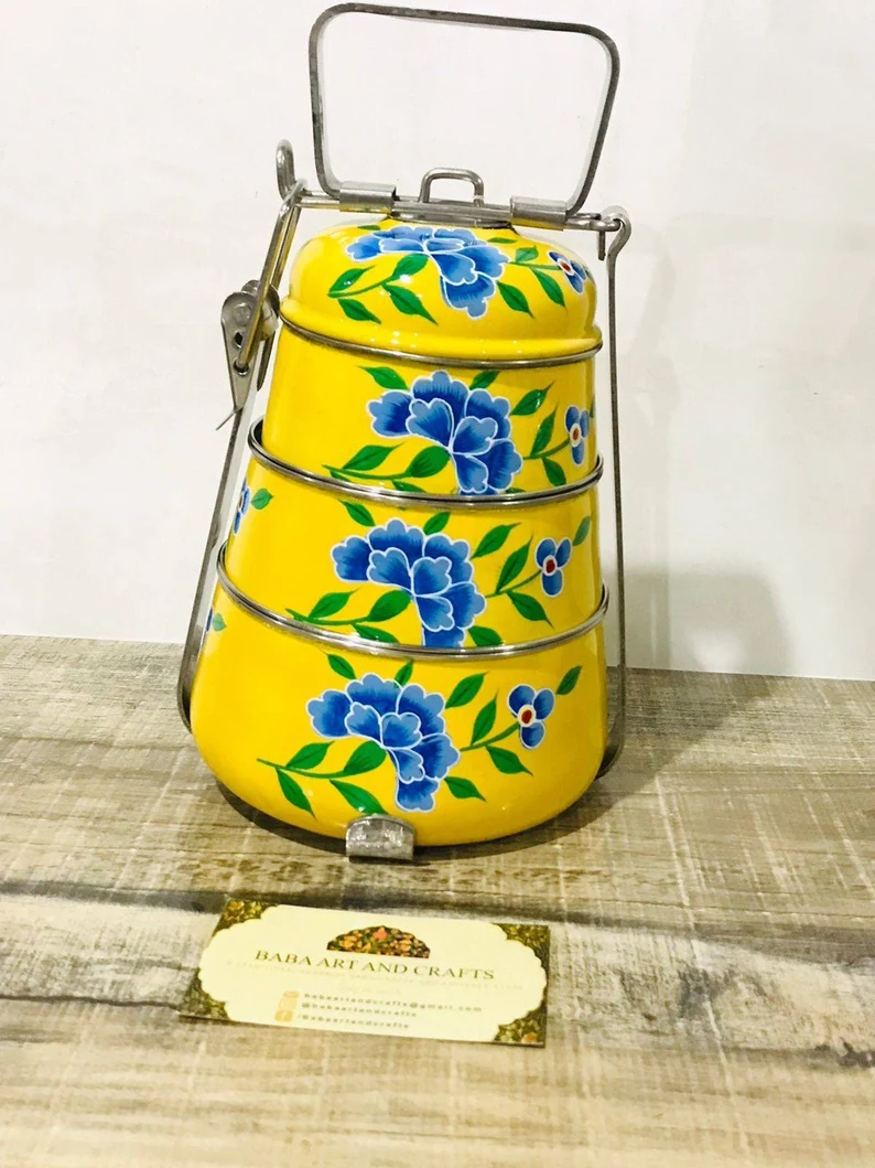 Enamel ware lunch box,hand painted tiffin box, pot belly lunch box, hand painted lunchbox, Enamel ware tiffin box,Stainless steel tiffin box