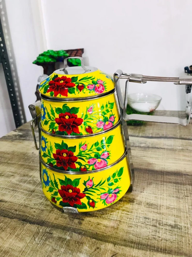 Enamel ware lunch box,hand painted tiffin box, pot belly lunch box, hand painted lunchbox, Enamel ware tiffin box,Stainless steel tiffin box