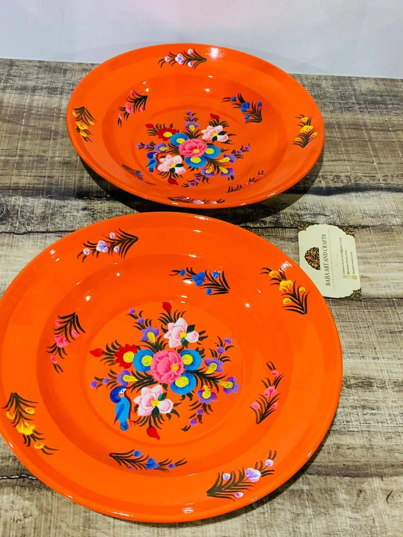 Set of 2 Steel Plates, Stainless Steel Plates Hand Painted with Lead Free colors by Kashmiri Artist, floral design Indian dishes handcrafted