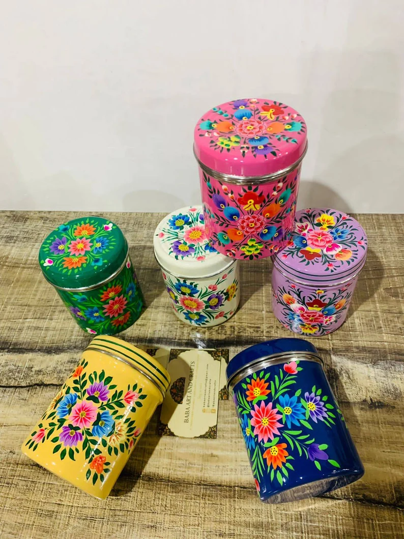 Hand painted Canisters, Stainless Steel Canisters,Set of 5, Canister sets, hand painted food storage canister box, Stainless steel food storage box