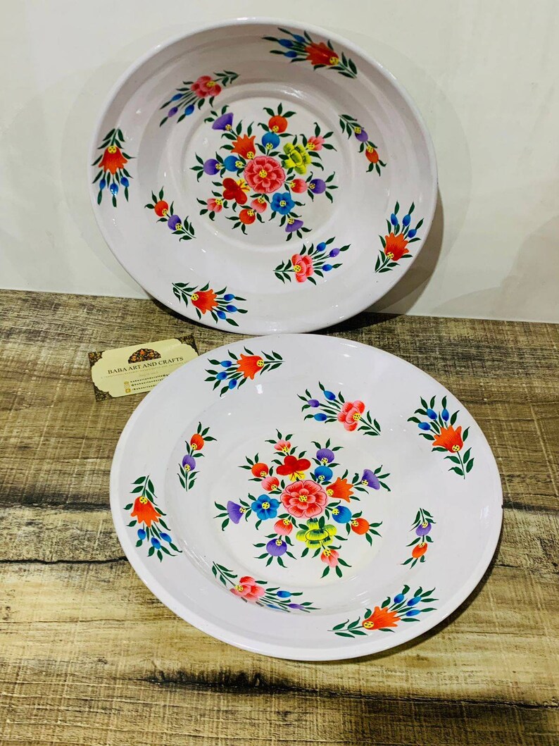 Stainless steel dishes,Hand painted Steel plates, hand painted steel trays, Indian plates, set of 2, Enamelware stainless steel Floral tray