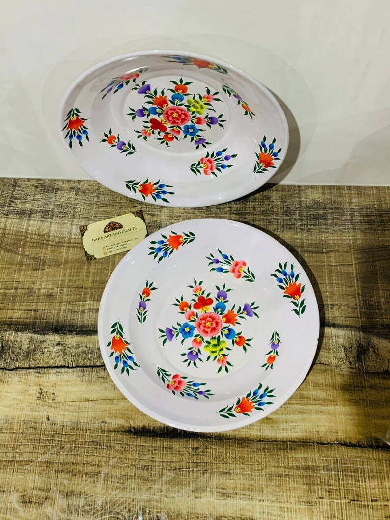 Stainless steel dishes,Hand painted Steel plates, hand painted steel trays, Indian plates, set of 2, Enamelware stainless steel Floral tray