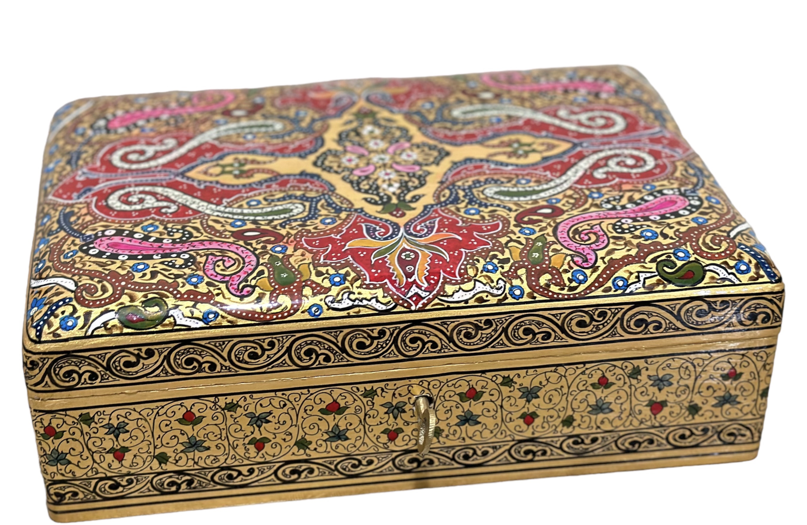 Paper Mache Box,Vintage paper mache Box,Pure Gold work,antique paper mache box kashmir,hand painted jewellery box