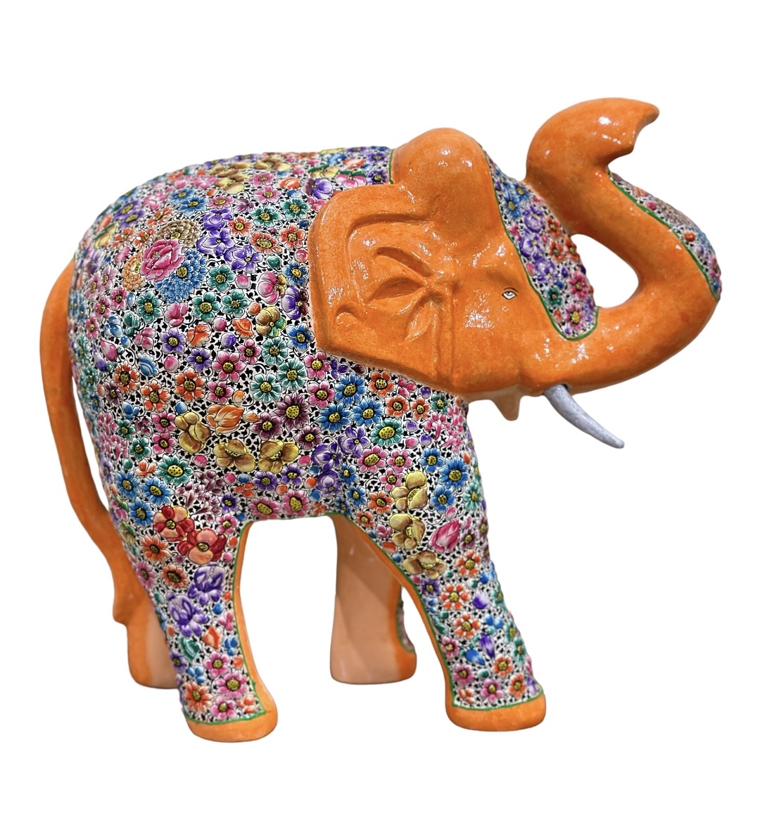 Hand painted Trunk Up Elephant ,Paper Mache Elephant Sculpture from Kashmir