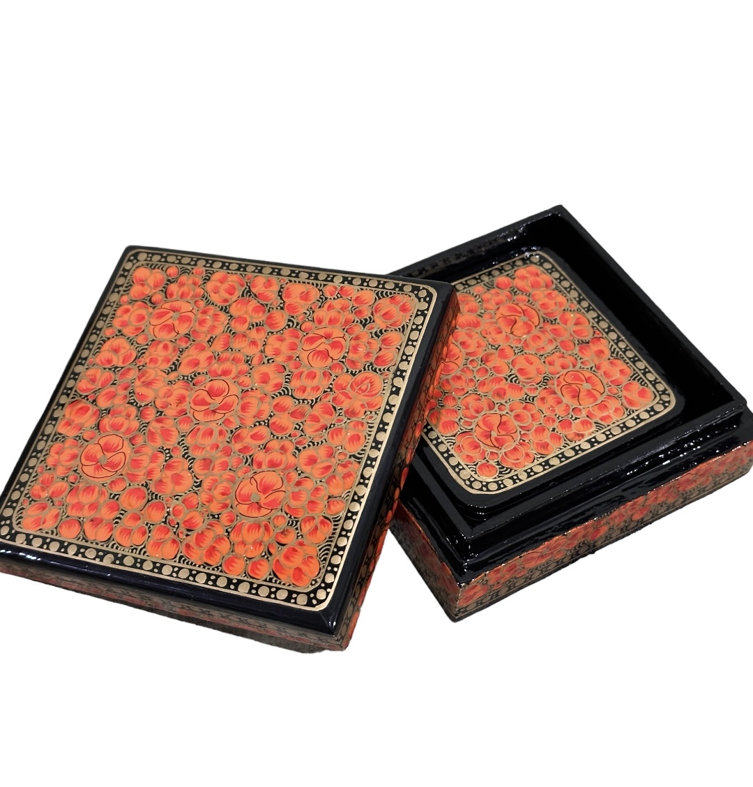 Kashmiri Paper Mache  Decorative 6 Tea Coaster Set with Trinket Box . Authentic Lacquered Paper Mache Box