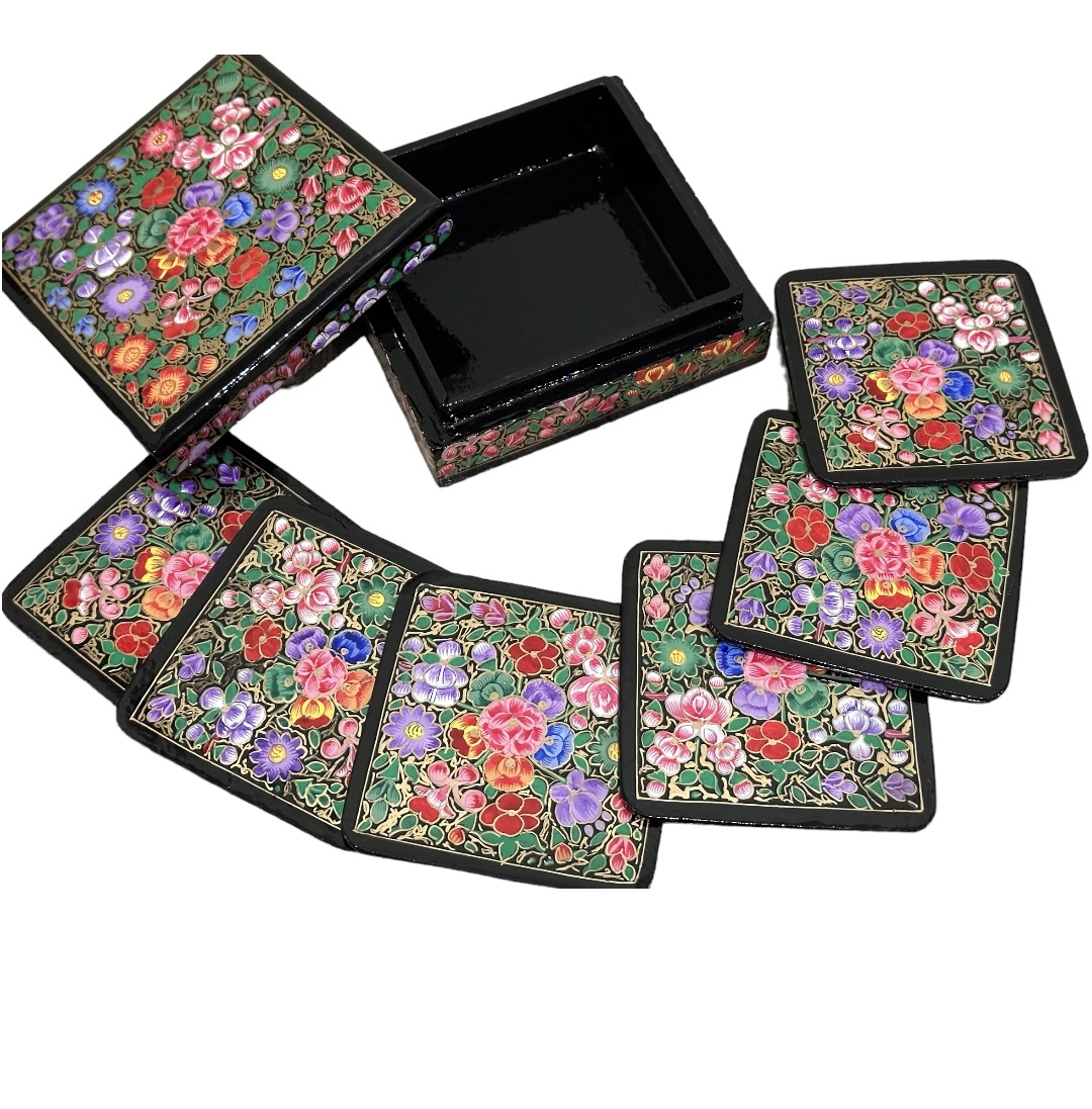 Hand Painted Kashmiri Paper Mache  Decorative 6 Tea Coaster Set with Trinket Box .
