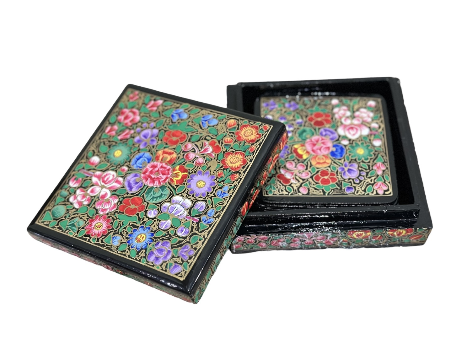 Hand Painted Kashmiri Paper Mache  Decorative 6 Tea Coaster Set with Trinket Box .