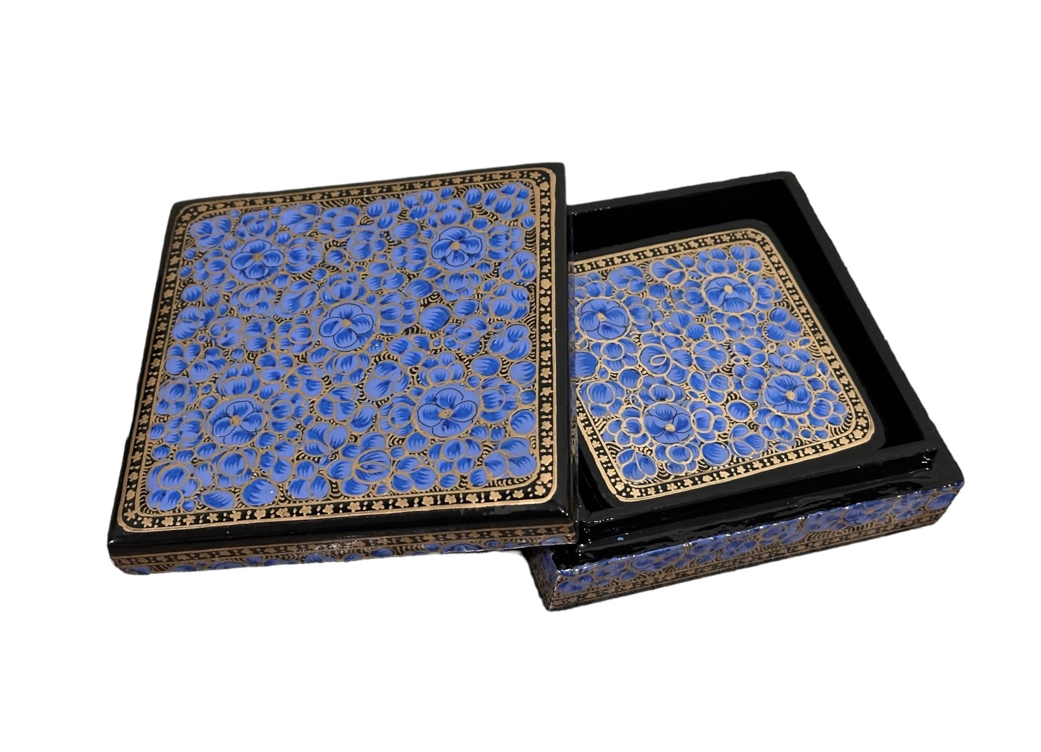Kashmiri Paper Mache  Decorative 6 Tea Coaster Set with Trinket Box . Antique Paper Mache Box 