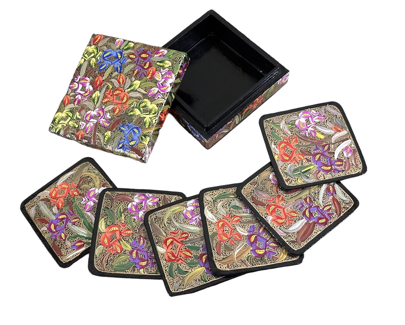 Hand Painted Kashmiri Paper Mache Decorative 6 Tea Coaster Set with Box