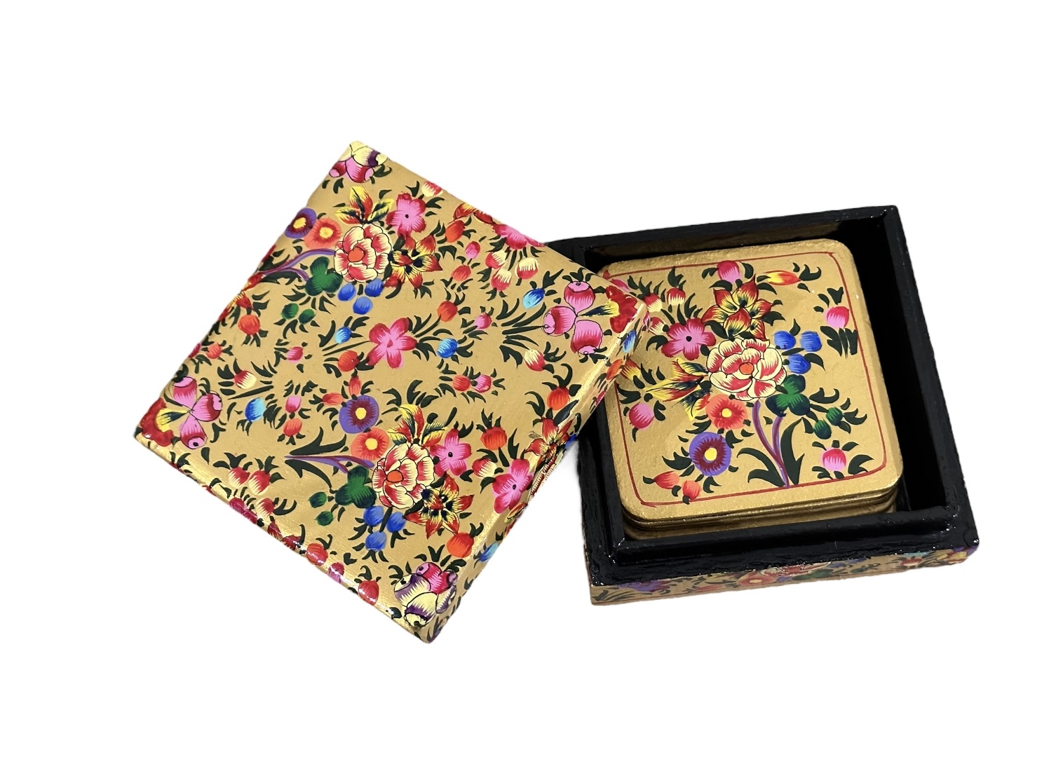 Kashmiri Paper Mache  Decorative 6 Tea Coaster Set with Trinket Box . Authentic Lacquered Paper Mache Box from Kashmir