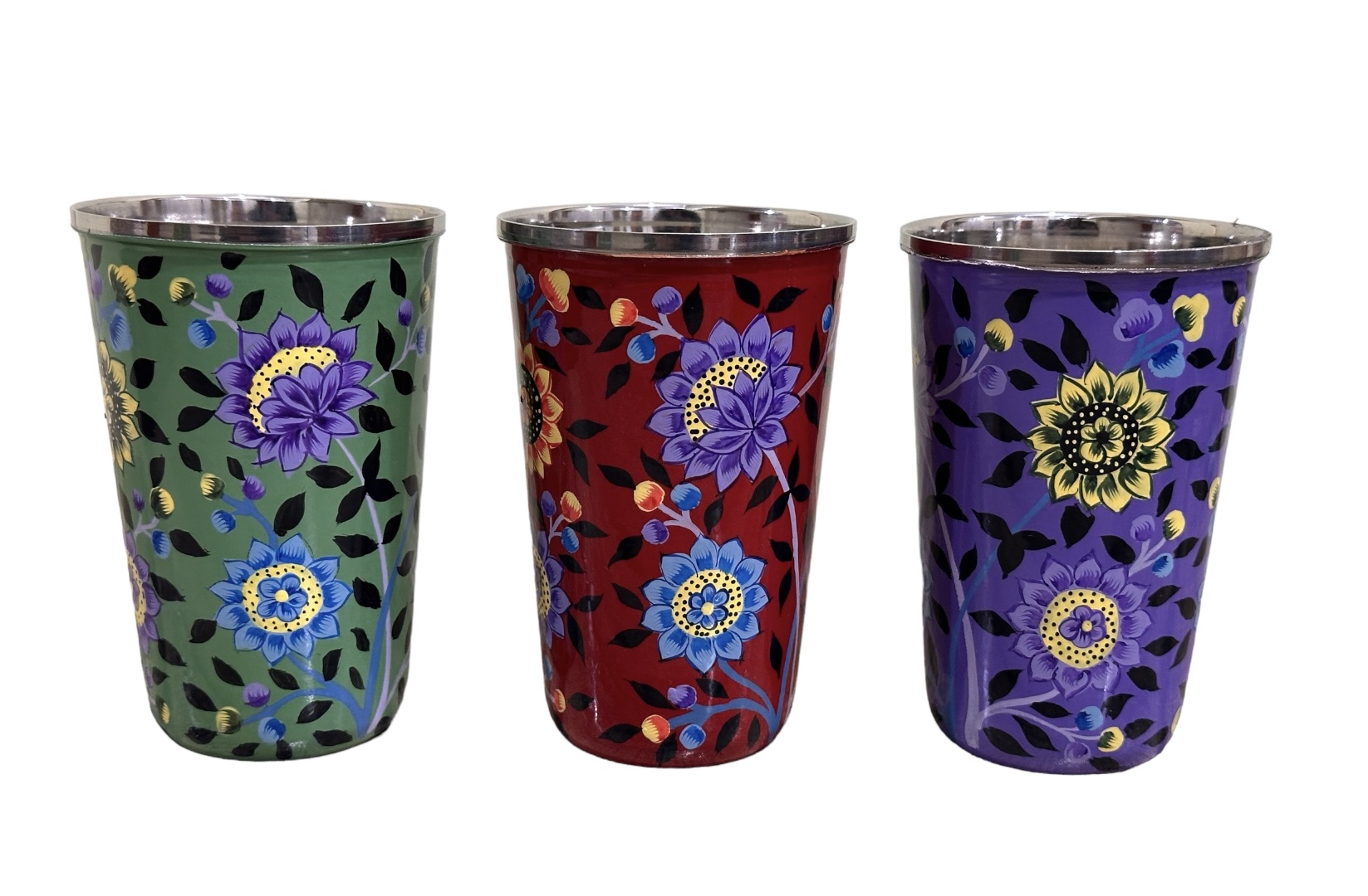 Set of 3 Enamelware glass, enamel ware tumblers, hand painted steel glass, Kashmir enamelware, stainless steel glass, hand painted tumblers