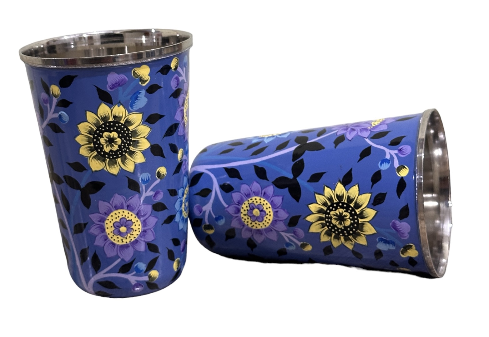 Set of 2 Stainless Steel tumblers ,hand painted glass with lead free colors by Kashmiri artist , Hand painted enamelware tumblers handcrafted