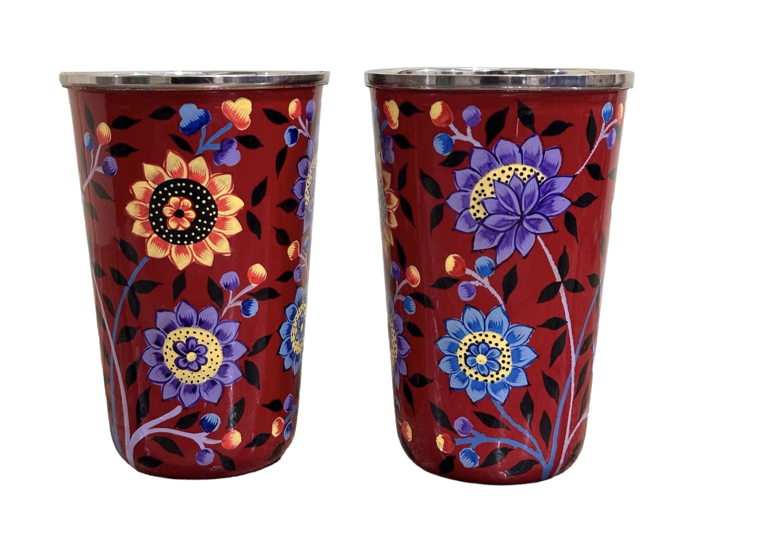 Set of 2 Stainless Steel tumblers ,hand painted glass with lead free colors by Kashmiri artist , Hand painted enamelware tumblers handcrafted