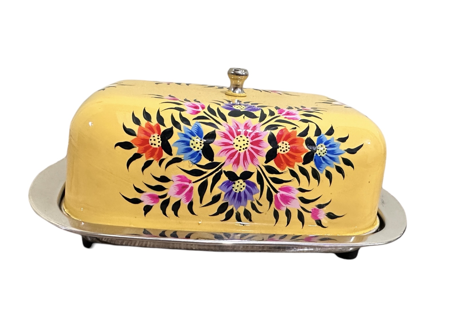 Sunny Yellow 4.5"×7" Enamel Butter Dish From Kashmir, Beautiful Hand Enamel Painted Floral pattern Butter,Cheese Dish Holds 1 lb of Butter