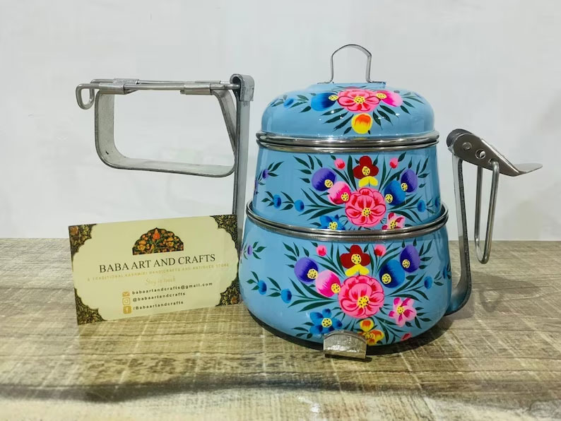 Enamelware tiffin box,Indian tiffin box,hand painted tiffin box,steel lunch box,kashmiri handicrafts, enamelware lunch box,2 tier lunch box