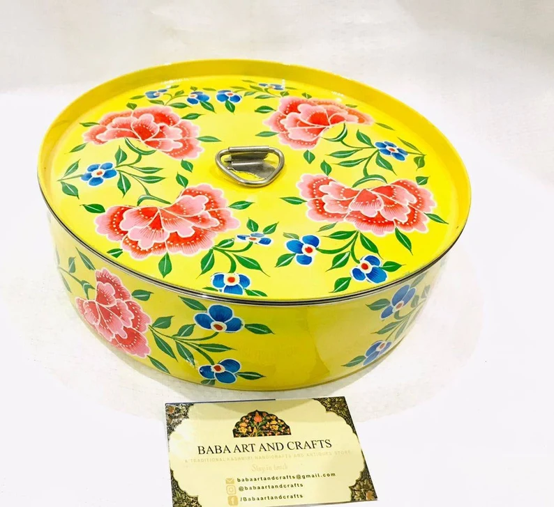Spice Box with lid, Indian Masala Box for storing spices, Steel Spice box from India, Kashmiri Enamelware,Hand Painted masala box, spice box