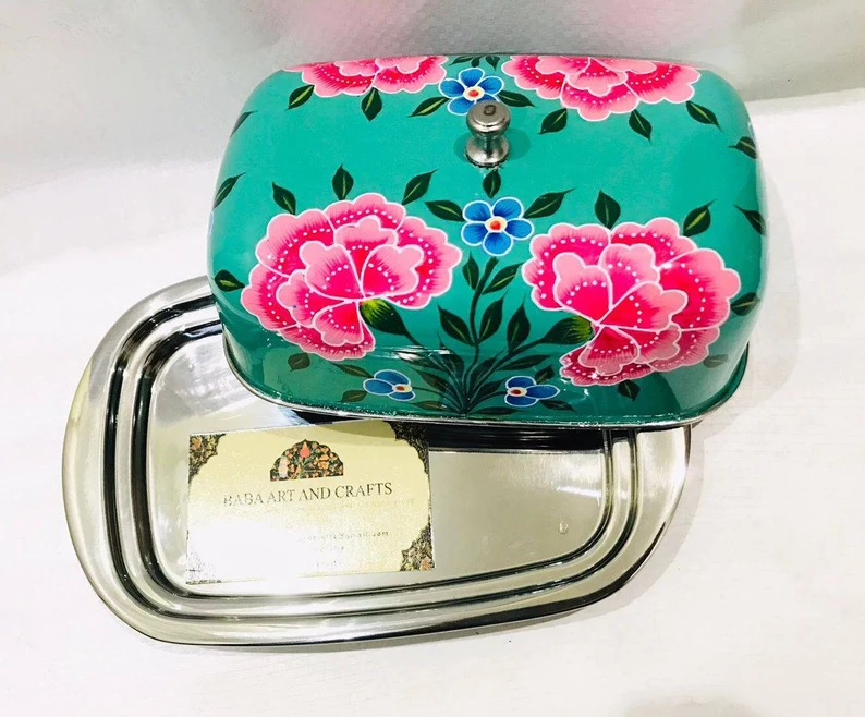 Steel butter box, Green box , 4.5"×7" Butter Dish From Kashmir,stainless steel butter dish, Hand Painted Cheese Dish Holds 1 lb of Butter