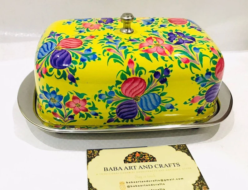 Sunny Yellow 4.5"×7" Enamel Butter Dish From Kashmir, Beautiful Hand Enamel Painted Floral pattern Butter,Cheese Dish Holds 1 lb of Butter