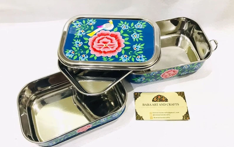 Hand painted lunch box,Bento lunch box,Enamelware tifin box,Kashmiri Enamelware,bento box for kids,hand painted bento box,Indian tiffin box