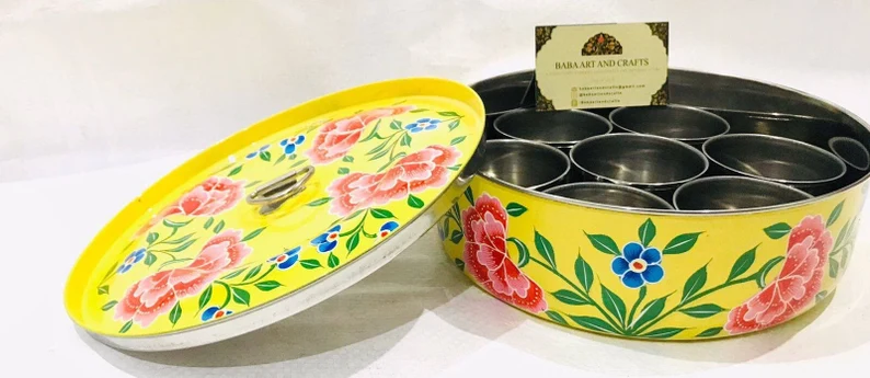 Spice Box with lid, Indian Masala Box for storing spices, Steel Spice box from India, Kashmiri Enamelware,Hand Painted masala box, spice box