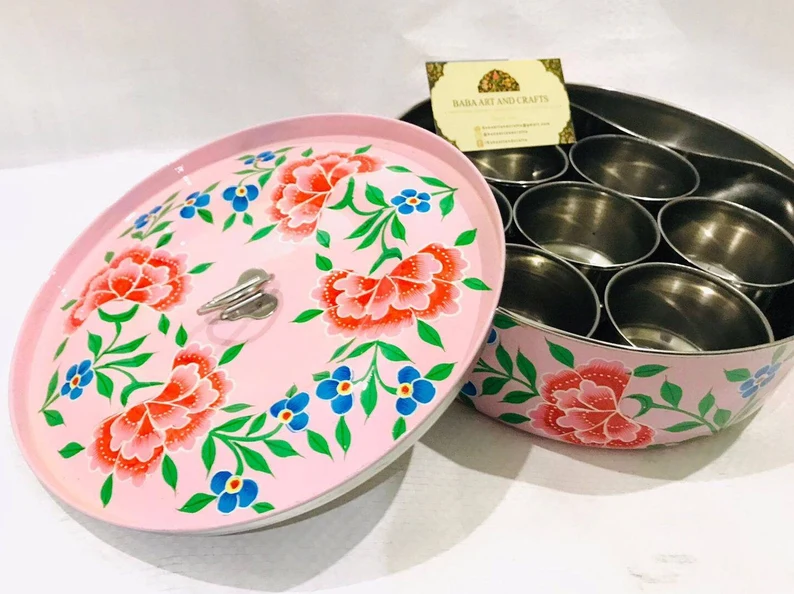 Spice Box ,Indian Masala Box ,Steel Spice box India, Kashmiri Enamelware,Hand Painted masala box, spice canisters, spice box with lid