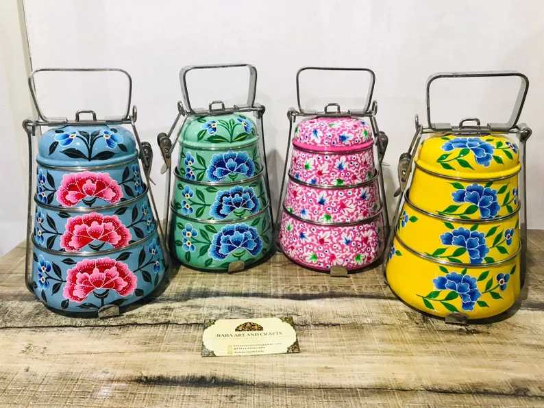 Hand Painted lunch box, stainless steel lunch box, hand painted tiffin box, floral design lunch box, Indian tiffin box, 3 tier pot belly box
