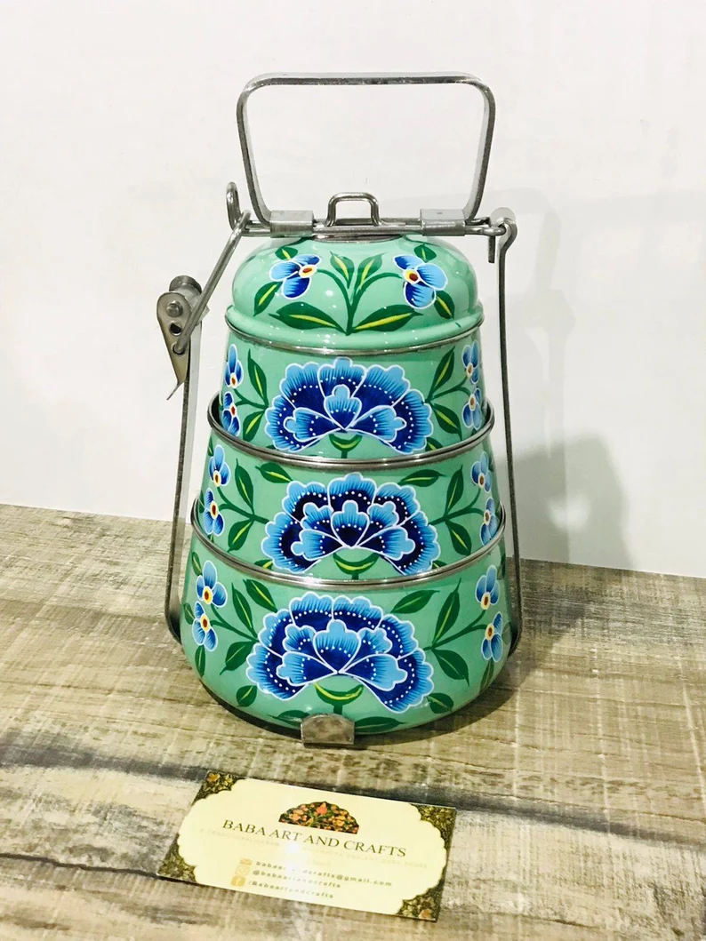 Hand painted lunch box ,Enamel ware lunch box, hand painted tiffin box, pot belly lunch box, handpainted lunch box, Enamel ware tiffin box