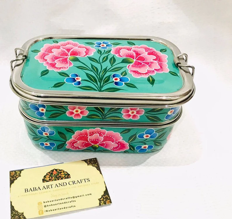 Hand painted lunch box,Bento lunch box,Enamelware tifin box,Kashmiri Enamelware,bento box for kids,hand painted bento box,Indian tiffin box