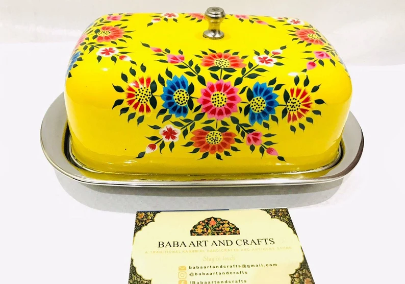 Butter box ,Vibrant Yellow 4.5"×7" Enamel Butter Dish From Kashmir, Hand Painted Butter dish ,steel Cheese Dish Holds 1 lb of Butter/ cheese