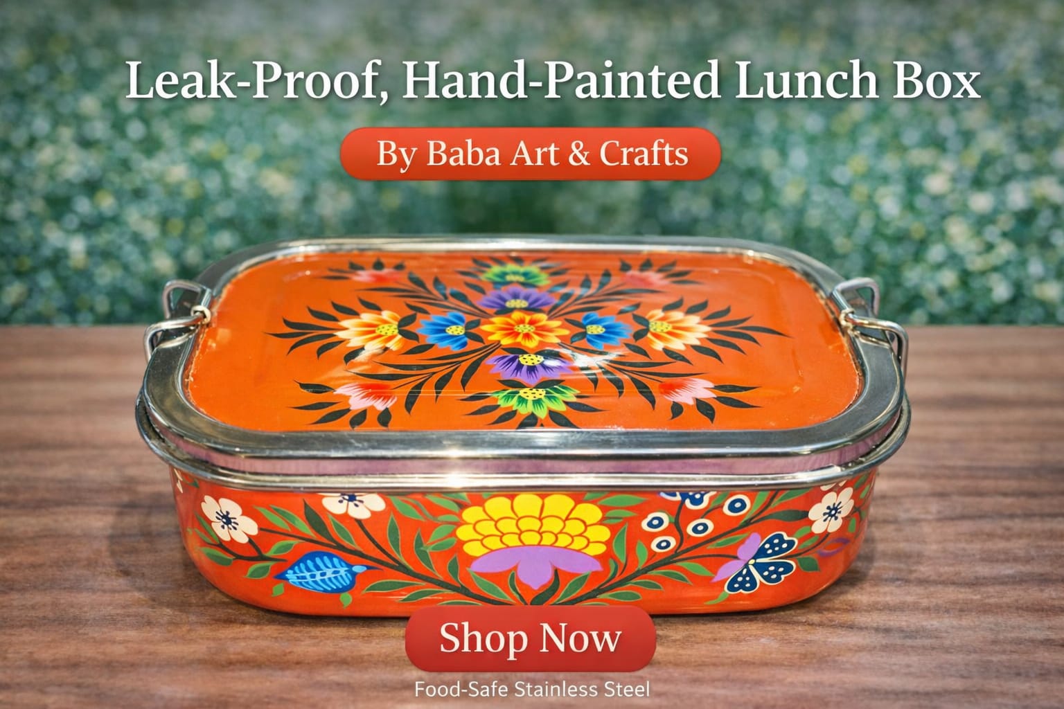 Elegant single tier rectangular stainless steel lunch box, hand-painted ...
