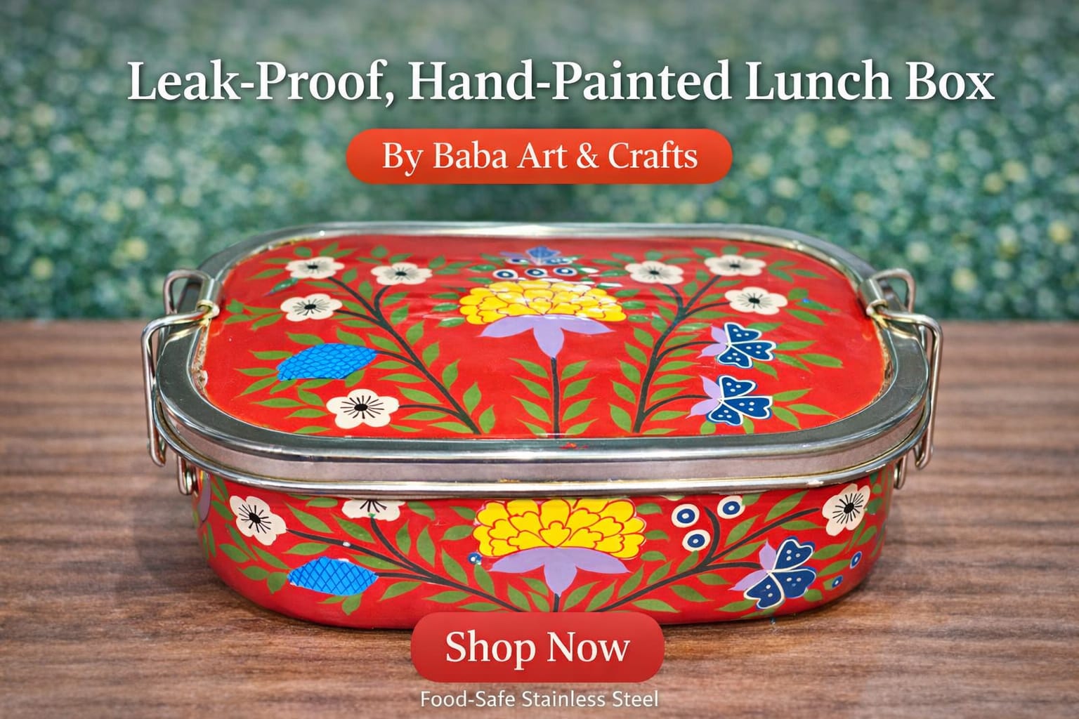 Elegant single tier rectangular stainless steel lunch box, hand-painted ...